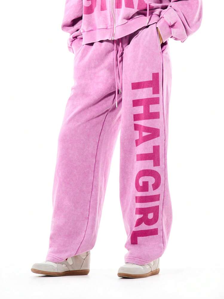 SUMWON WOMEN Pink Graphic Washed Joggers With Text Print