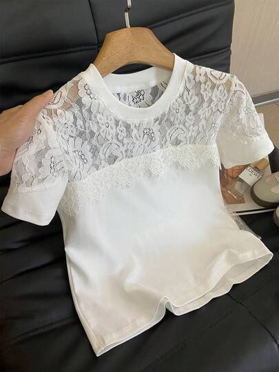 GlowEve Women's Casual Solid Color Lace Patchwork T-Shirt, Summer