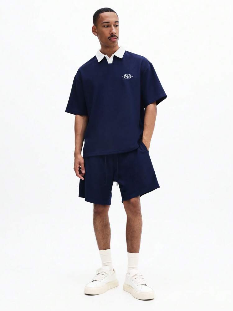 Conjunto Casual de Duas Peças com Camisa Polo Marinho Inteligente e Shorts Combinando, com Gola Branca Contrastante e Manga Curta, Roupa de Verão
