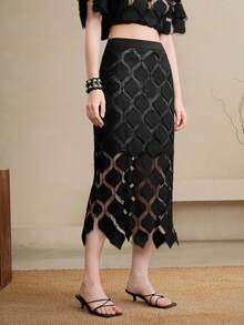 Arave 女士蕾丝高腰修身不对称下摆蕾丝半身裙，优雅约会之选 - 黑色 - 查看 5