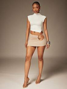 Denimoi O-Ring Detail Knit Mini Skirt Vacation Outfits Sexy Skirts Ibiza European Summer - Khaki - View 4
