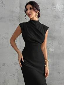 Firerie Women's Elegant Minimalist Casual Daily Commute Vacation Fashion New Small Stand Collar Draped Sleeve Cinched Waist Apricot Long Dress Classy Black Dress Elegant Midi Dress Collar Dress - Black - View 2