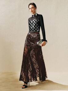 Arave Women's Elegant Sequin Contrast Lace Black Skirt, Party - Coffee Brown - View 7