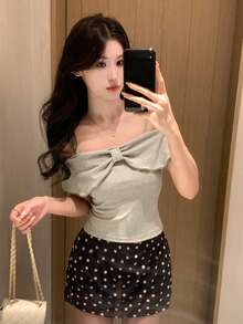 DAZY Women's Bow Tie Off-Shoulder Loose T-Shirt, Fresh And Chic - Grey - View 4