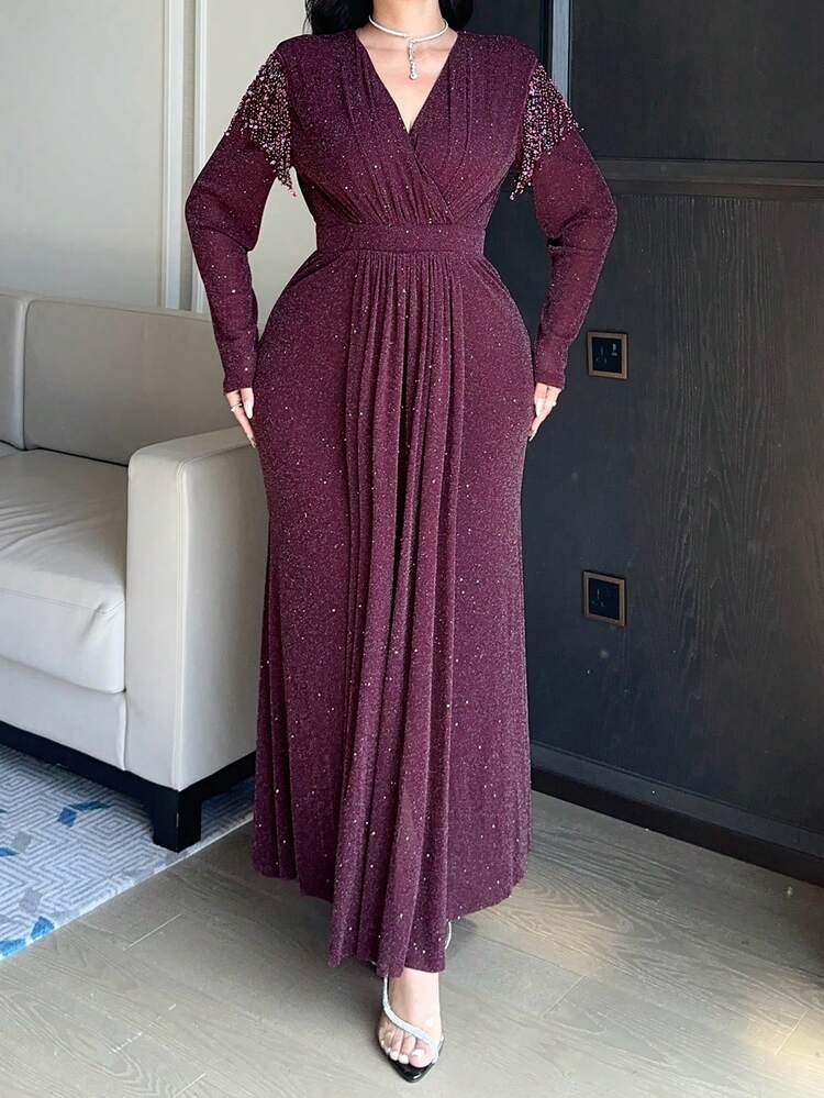 Dazy Plus Plus Size Elastic Fitted Mesh Plus Size V-Neck Splicing Rhinestone Decor Long Sleeve Elegant Waist Slimming Purple Dress, Spring/Summer Sundress