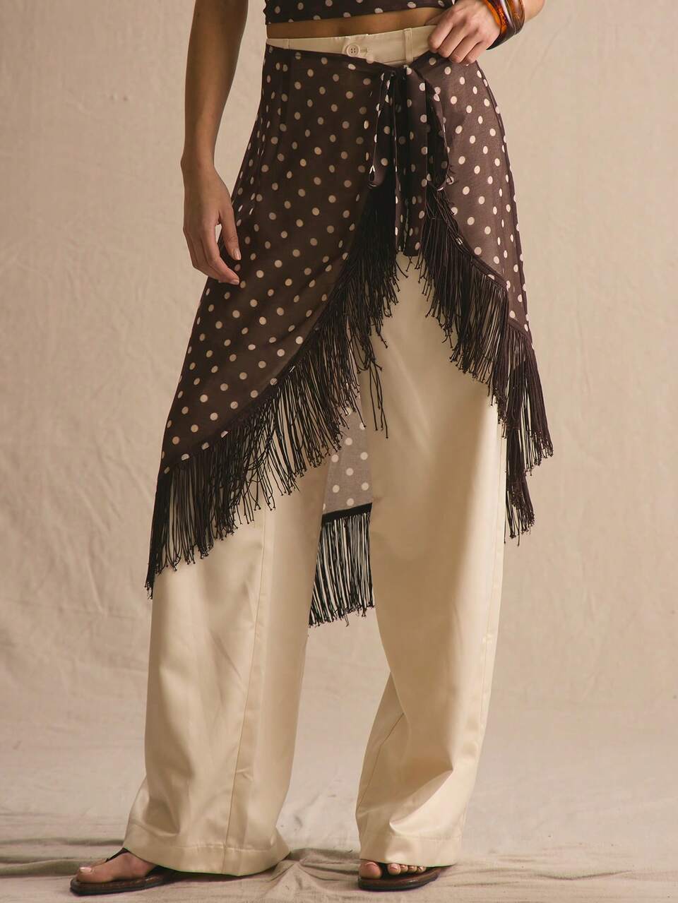 Polka Dot Fringe Sarong Detail Co-Ord Linen Trousers Only Spring Summer Cosy Cute Daily Girly Vacation Spring Casual Holiday