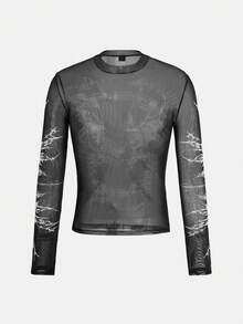 FeverCity Camiseta de manga larga de cuello redondo transparente y ajustada de moda y sexy para hombres - Multicolor - Ver 9