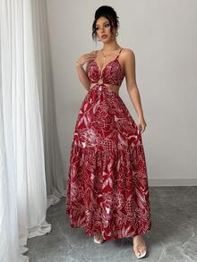 Elenzga 女士印花收腰中长连衣裙，适合度假、日常穿着和通勤 - 玫瑰紅 - 查看 4