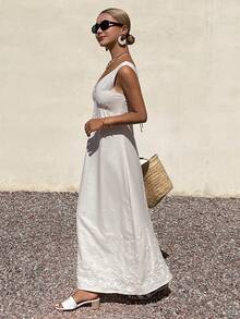 DAZY 春夏时尚白色V领修身上衣，休闲沙滩度假长裙，情人节及婚礼吊带裙 - 象牙白色 - 查看 5