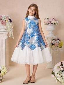 Pitira Kids Tween Girl Blue Woven Textured Floral Jacquard Elegant Layered Mesh Hem Sleeveless A-Line Dress, Blue Kids Formal Dress Blue Flower Girl Dresses Tween Girl Party Dress Blue And White Girls Dress Tween Blue And White Dress Blue Flower Girls Dress,Kids - Blue and White - View 5