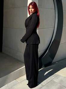 Bearsaez 女士优雅单排扣缺口翻领西装外套和裤子套装秋冬女装办公室服装 - 黑色 - 查看 3