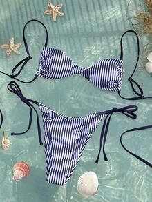 Swim Vcay New Arrival Spring/Summer Sexy Bikini Swimwear For Women, Blue Striped Halter - Blue - View 3