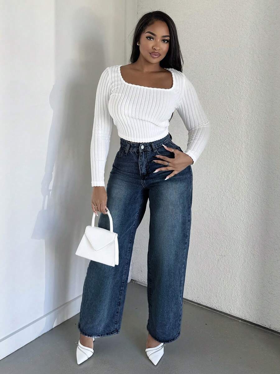 Alexandranx 高腰水洗牛仔褲 - 深色水洗藍 - 查看 1