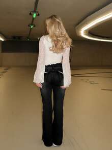Turnttoni Women's Rhinestone Embroidered Wing Flared Casual Low Waist Jeans - Black - View 2