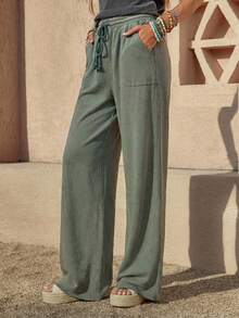 Wildy بنطلون بوهيمي كاجوال أمريكي غربي عتيق مطبوع بزهور للنساء للربيع/الصيف، بنطلون أساسي مع جيوب للارتداء اليومي والتنقل، بنطلون رياضي واسع الساق مع رباط للسحب، بنطلون رياضي واسع الساق مطرز للنساء، بنطلون صيفي واسع الساق للنساء - أخضر عسكري - مشاهدة 4