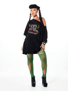 SUMWON X PAUL FRANK SUMWON WOMEN 露肩水钻装饰图案迷你T恤连衣裙，蝙蝠袖设计，宽松版型，适合休闲派对穿着 - 黑色 - 查看 3