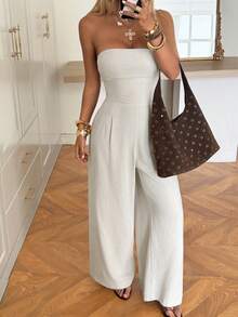 Muchica Apricot Woven Bandeau Pleated Minimalist Design Casual Jumpsuit - Apricot - View 1