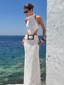 Aloruh 女士性感露背波西米亚提花连衣裙，挂脖鱼尾裙摆，适合海滩度假、优雅度假、性感派对、音乐节等场合。 - 杏色 - 查看 8