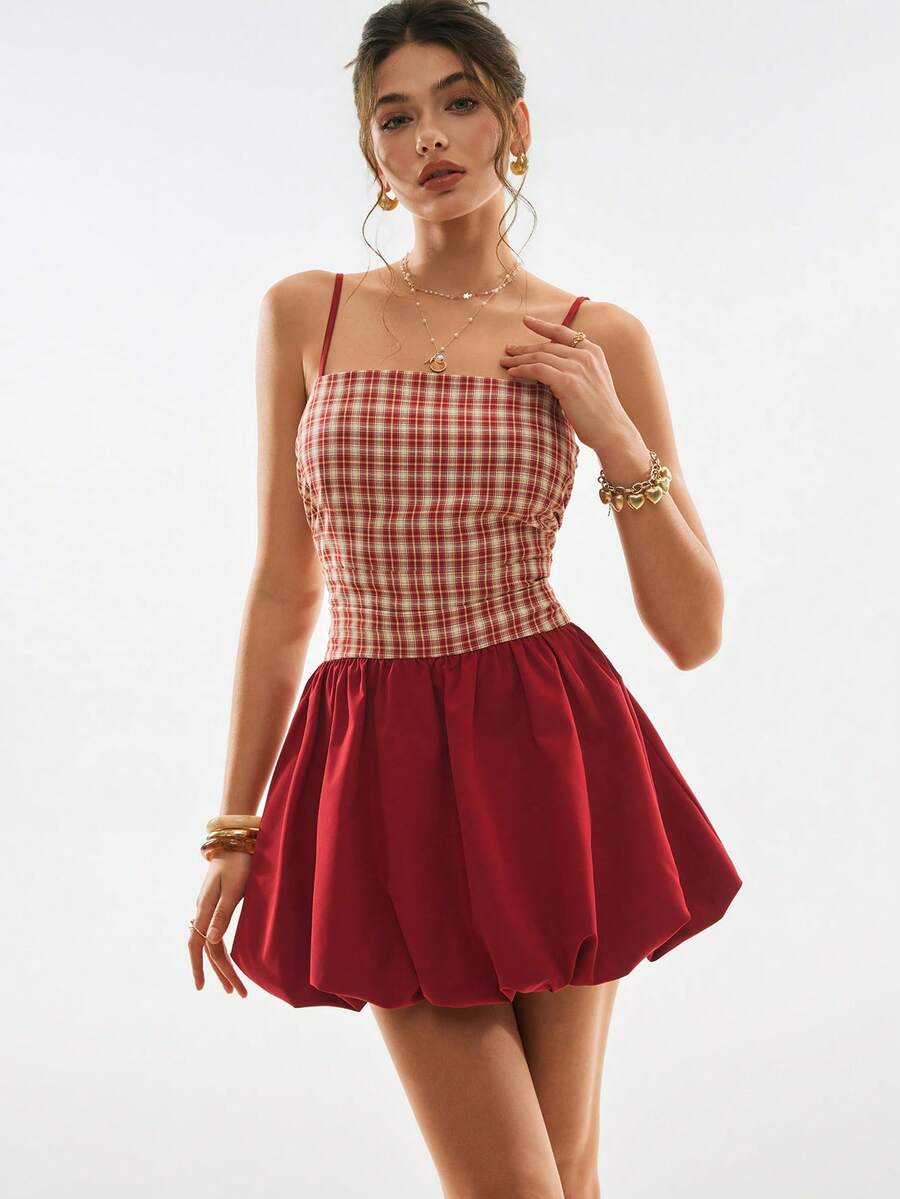 Poéselle Women's Summer Casual Plaid Patchwork Spaghetti Strap Mini Dress - Multicolor - View 1