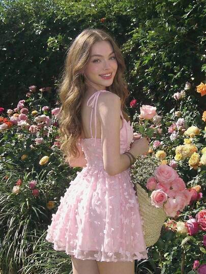 SHEIN MOD Women's Elegant Fashion Applique Knot Camisole Mini Dress, Spring/Summer Outfit, Wedding Guest Dresses, Women's Carnival Costume, Holiday Outfits, Luxury, Pink Dresses, Tea Party Outfit Women, Cottagecore Dress, Holidays, Birthday, Festival, Romantic Dress, Cute Dress, Floral Dresses, Date, Birthday, Picnic