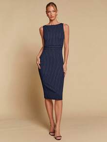 COSMINA Women's Elegant Striped Cinched Waist Mid-Length Dress, Versatile For Office, Commute And Everyday Wear, All Season - Navy Blue - View 6