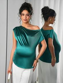 SHEIN Áo thun bầu màu trơn, vai lệch, chất liệu satin thanh lịch, kiểu dáng thời trang phù hợp cho mùa hè/xuân. - màu xanh lá - Xem 1