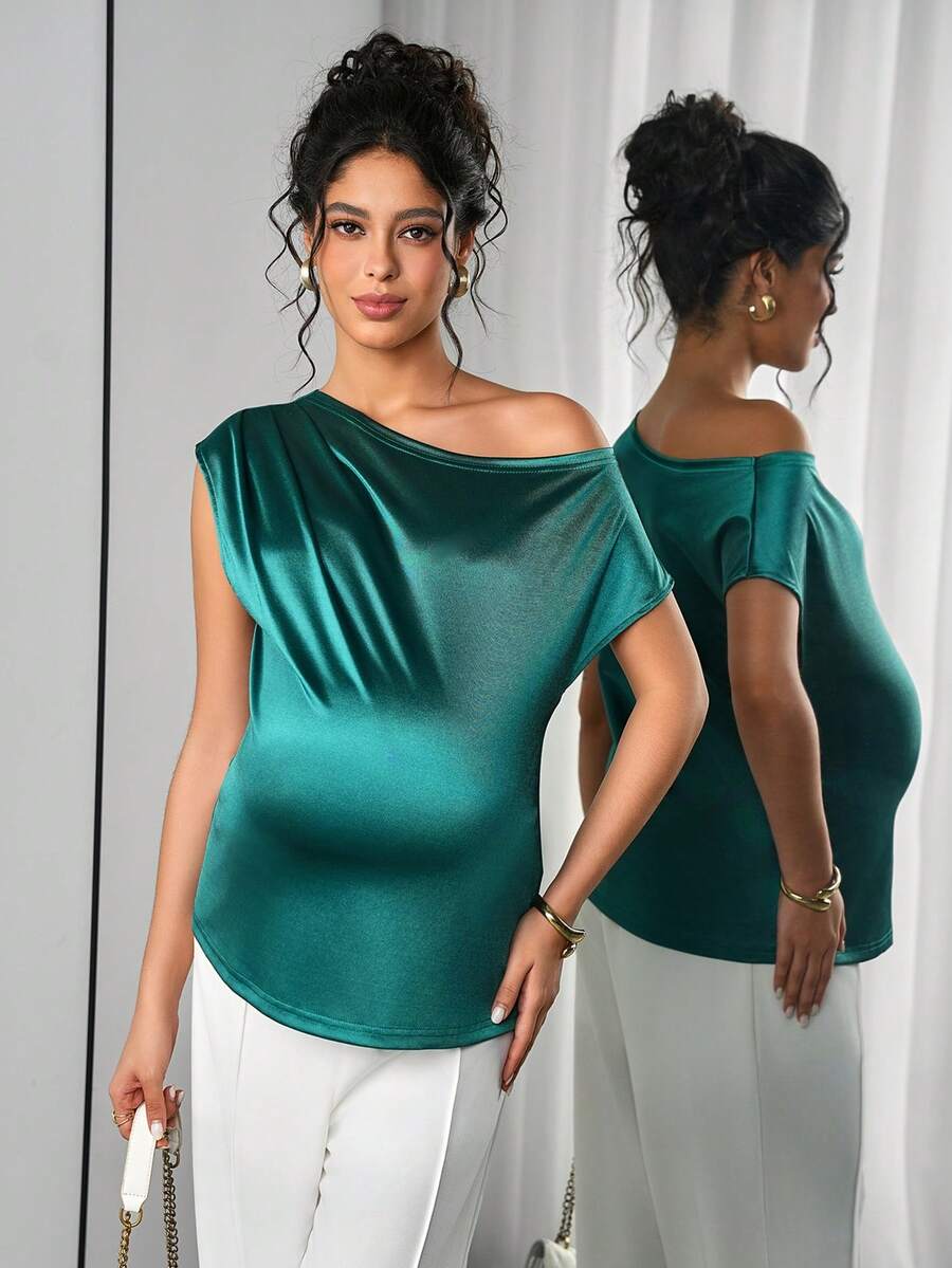 SHEIN Áo thun bầu màu trơn, vai lệch, chất liệu satin thanh lịch, kiểu dáng thời trang phù hợp cho mùa hè/xuân. - màu xanh lá - Xem 1