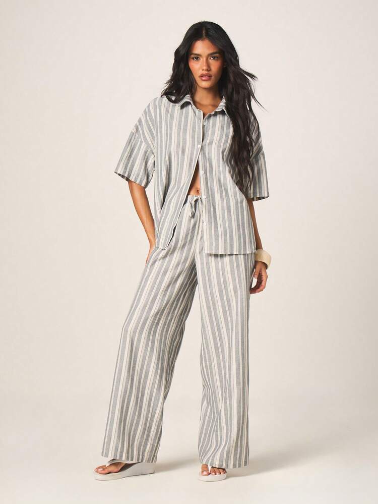 MISSGUIDED Oversized Striped Button Down Shirt And Wide Leg Trouser Two Piece Set For Casual Summer Loungewear