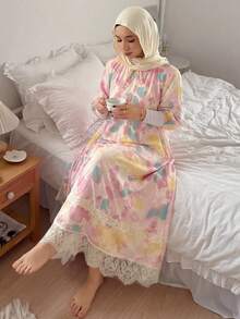 DAZY Women's Lace Patchwork Allover Print Tie Collar Nightgown - Pink - View 4