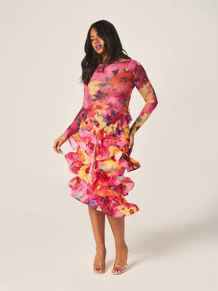 MISSGUIDED Women's Long Sleeve Floral Mesh Ruffle Detail Bodycon Midi Dress With Dramatic Layered Frill Hem Spring Party Occasion Wear