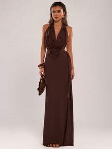 SHEIN BAE Women's Summer Elegant Dark Brown Draped Neck Backless Pearl Decor Dress, Halter Long Dress For Party Night,Vacation,Beach & Wedding Guest - Teal Blue - View 4