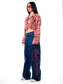 SUMWON WOMEN Wide Leg Low Rise Denim Jeans With Red Cursive Miss America Side Print Dark Blue Wash Y2K Style - Dark Wash - View 4