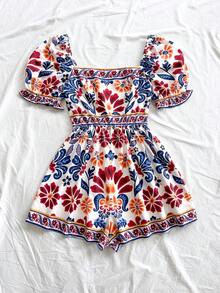 Soleia Bộ jumpsuit nữ màu xanh lá cây và trắng in họa tiết, cổ vuông, tay cánh hoa, eo thon, ống rộng, thích hợp cho kỳ nghỉ. - Nhiều màu - Xem 7