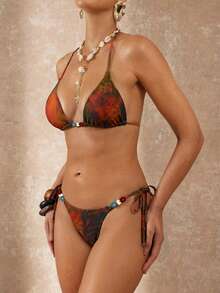 Lumalex 扎染印花彩色串珠项链系带，2件套比基尼泳装沙滩装 - 彩色 - 查看 5