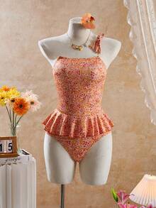 Swim Mod 女士碎花吊带泳衣套装，适合海滩/度假，花朵泳衣，荷叶边泳衣，复古泳衣，西式泳衣，女士西式泳装，碎花连体泳衣，女士沙滩装，夏季泳装，女士连体泳衣，碎花泳衣 - 橘色 - 查看 5