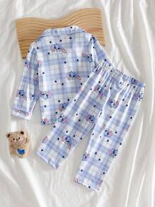 2件套幼儿男童可爱卡通蓝色兔耳星星印花休闲舒适Polo领开衫和裤子套装，家居服 - 藍色 - 查看 3