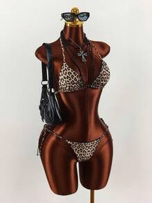 Amplova Conjunto de bikini reversible con estampado de leopardo para mujer, sexy y elegante, adecuado para vacaciones, traje de baño negro sólido básico de doble uso - Multicolor - Ver 4