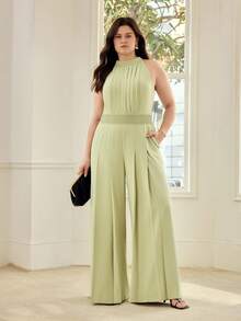 MOTF PREMIUM PLUS SIZE WOMEN'S HALTER NECK RUCHED JUMPSUIT, ELEGANT AND LEG LENGTHENING, SPRING/SUMMER - Green - View 5