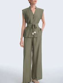 Aalyst 都市时尚休闲度假新款女士橄榄绿V领无袖系带流苏装饰阔腿裤，适合日常穿着、婚礼、正式场合、通勤、毕业派对、假日、约会、聚会、万圣节、圣诞节、新年、感恩节、婚礼女士两件套 - 綠色 - 查看 5