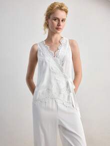 Ocili 休闲柔软缎面蕾丝边吊带背心和睡裤套装，舒适时尚，适合秋季女性 - 白色 - 查看 5