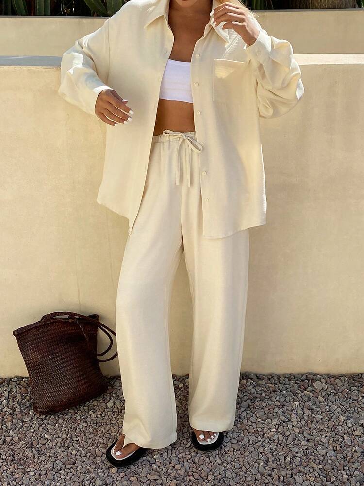 Women's Lapel Long Sleeve Pocket Decor Loose Open Front Shirt And Pants Two Pieces Casual Suit