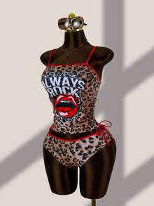 Zestiva Women's Leopard Lip Print Tie Ruched Backless Swimwear Set, 2 Pieces For Summer Holiday Beach - Multicolor - View 4