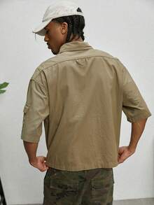 GALLERY FADE Men's Casual Street Style Embroidered Pocket Military Green Denim Short Sleeve Shirt - Army Green - View 2