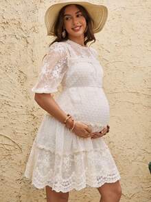 Boho Mama Maternity Embroidered Mesh Petal Sleeve Elegant Dress - Apricot - View 5