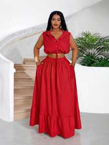 Slaydiva 2025 New Plus Size Women 2-Piece Set: Cropped Tank Top & A-Line Skirt, Commuter Outfit, Summer Outfits Red Two Pieces Women's Two Pieces Set Long Skirt Set Skirt And Top Set Red Casual Outfit - Red - View 7
