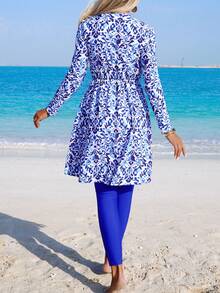 Swim Shayni 女士蓝色中式印花布基尼两件套，带可拆卸外套，适合海滩度假 - 淺藍色 - 查看 2