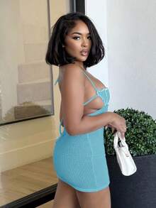 Alexandranx Pearl Shell Halter Backless Mini Bodycon Dress Crochet Bikini Dress Party - Blue - View 6