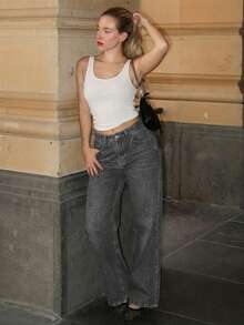 Turnttoni Cao eo quần ống rộng Quần jean - Màu Xám nhạt - Xem 1