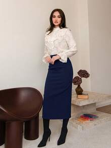 Bris Aura Váy công sở dài màu trơn cạp cao thanh lịch cho nữ - Màu xanh hải quân - Xem 4