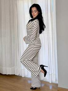 Vassilux Women's Jacquard Striped Knight Pattern Drop Shoulder Long Sleeve Top And Pants Casual Suit Two Piece Lounge Set Lounge Wear Striped Set Pajama Set,Cozy Fall And Winter Clothes For Women,Fall,Fall Clothes For Women Summer - Multicolor - View 3
